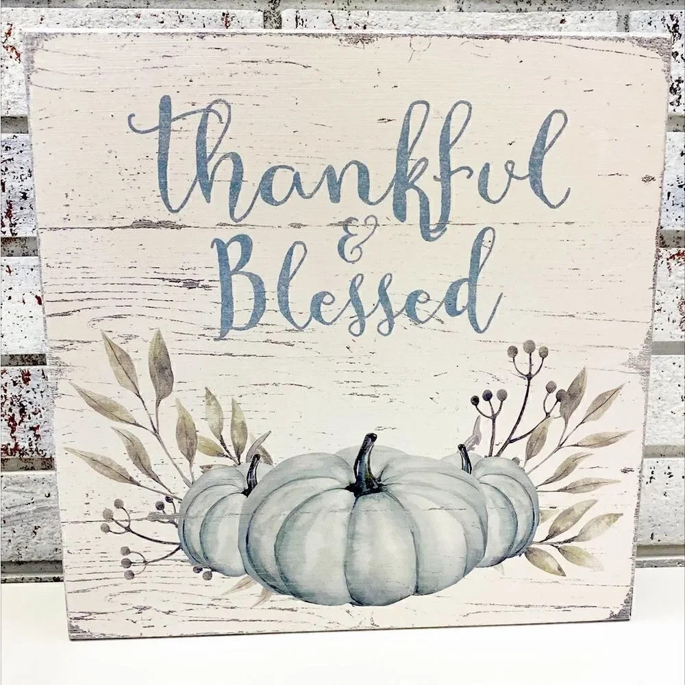 Thankful & Blessed Whitewashed Distressed Wood Sign from Quill to Paper NWT
